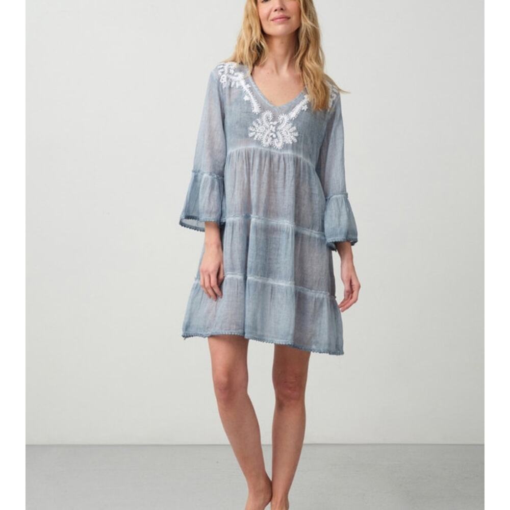 Dolma Blue Embroidered Tiered Tunic Dress Boho Cotton Mini Festival Style